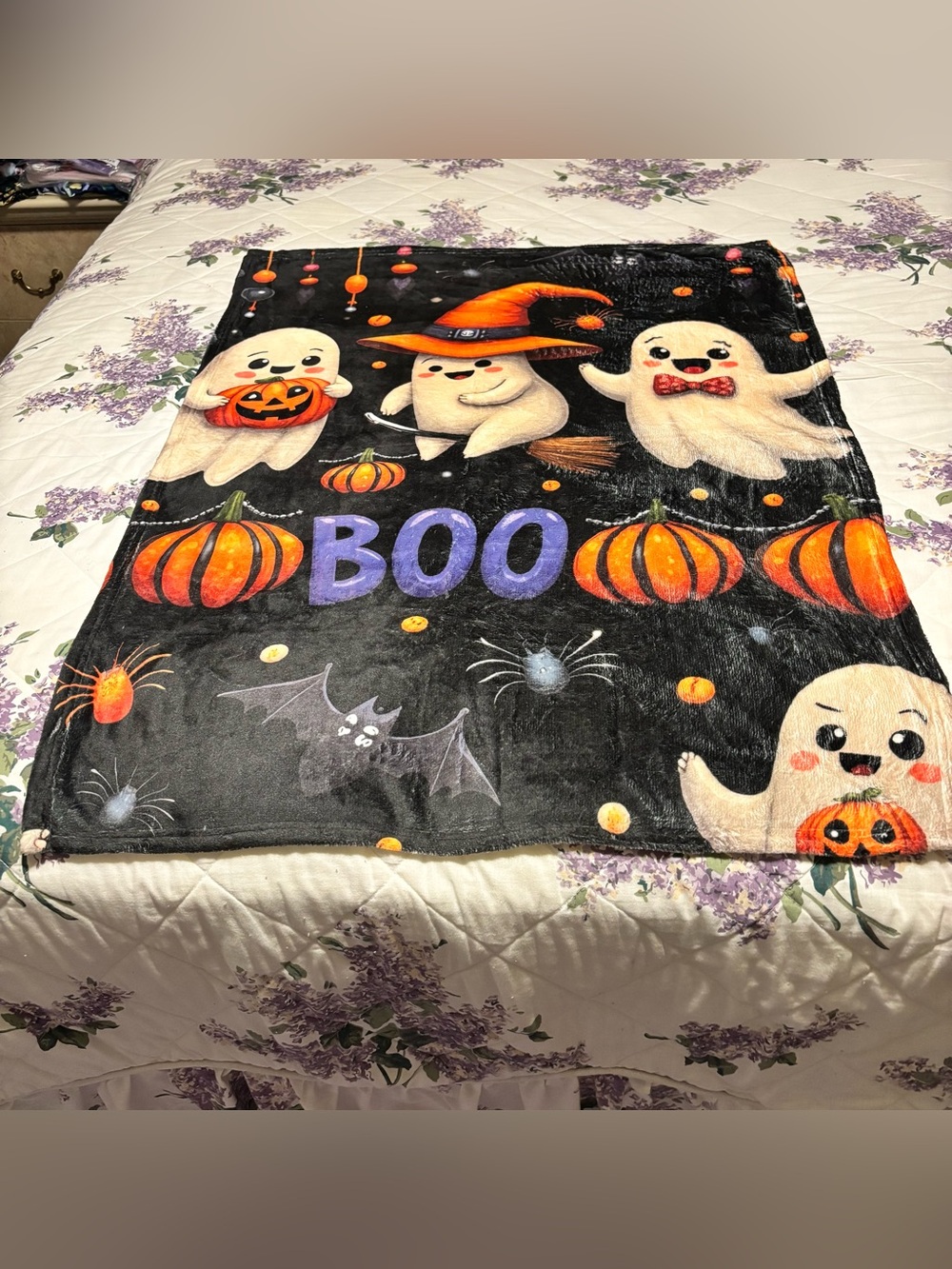Halloween Ghost Plush Throw Blanket - Black Orange Purple 39”(L)x 29”(w)